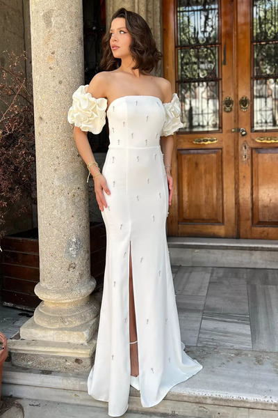 julude Cream Stone Sleeve Accessory Strapless Evening Dress