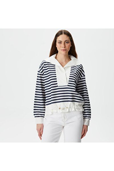 Nautica Kadın Lacivert Relaxed Fit Dik Yaka Çizgili Sweatshirt
