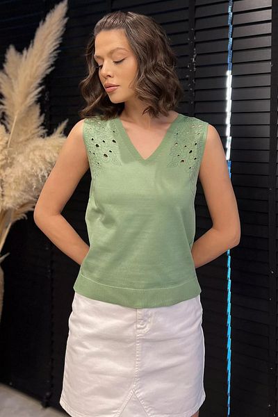 GÜLSELİ Khaki Women's V-Neck Zero Sleeve Knitwear Blouse