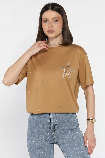 GÜLSELİ Tricou pentru damă Biscuit Star Stone Crew Neck