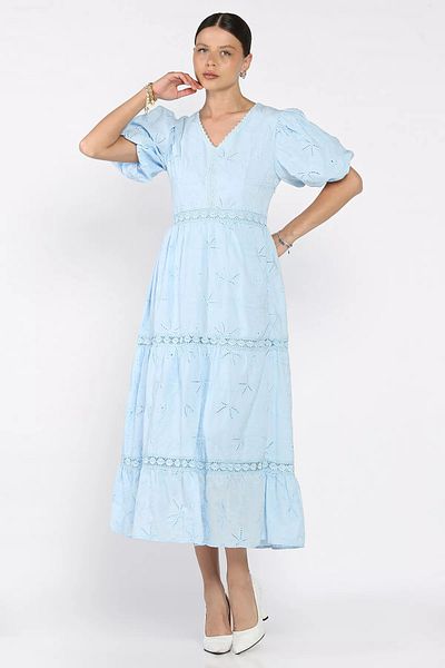 GÜLSELİ Rochie broderie cu volane pentru femei, albastru, cu decolteu în V