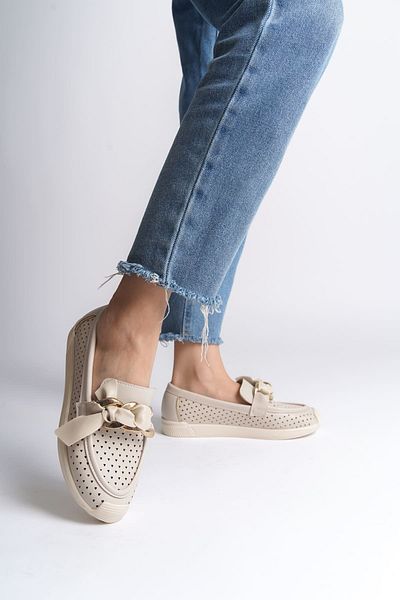 Joy Ayakkabı Lydia Laceless Orthopedic Comfortable Sole Heart Patterned Women's Ballerina Shoes Ckt - Cream