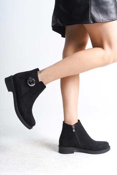 Joy Ayakkabı Luna zippered elastic orthopedic sole heeled suede women's boot sst - black