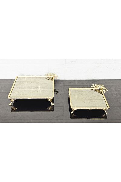 atabey home Bronze Glass Double Square Serving Plate 4 Feet-Presentation-Speech Tray-Presentation Tray-Gold Frame