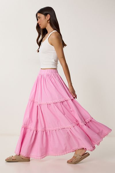 Lovelyİstanbul Fisto Embroidered Flounced Linen Skirt Pink Lrg0026