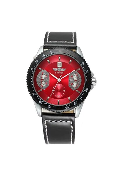 delis Мъжки часовник Winner CS1753, автоматичен, естествена кожа, черен, черв...