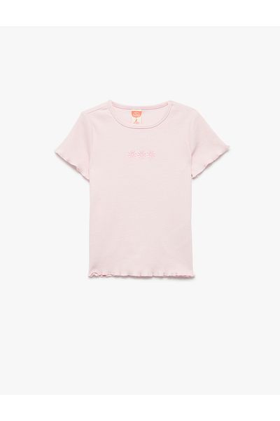 Koton Cotton Short Sleeve Camisole Flower Embroidery Crew Neck T-Shirt