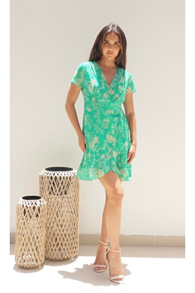 Alorabella Rose Wrap Frill Mini Dress - Green
