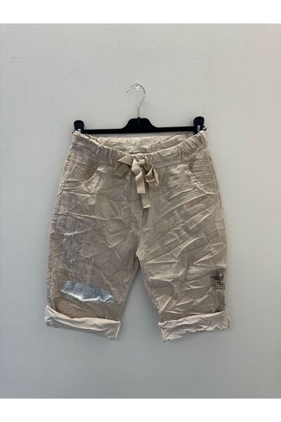 della moor Women's Beige Italian Stone Varaklı L Stretch Fabric Shorts