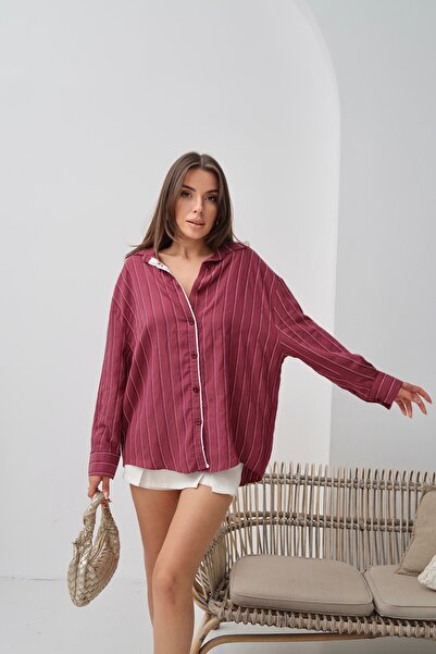 Paw Garage Women's Monroe Lace Embroidered Summer Shirt, Woven Modal Fabric Oversized Shirt