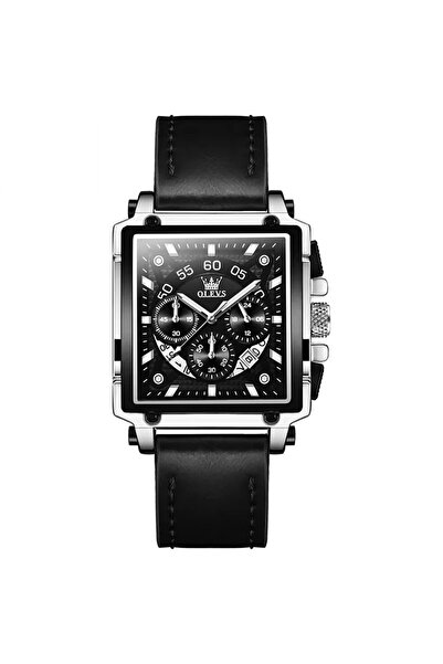 delis Ceas barbatesc Olevs CS1919, piele naturala, negru-argintiu, cadran negru