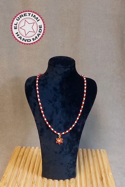 Uretti - Özlem 9422 8431 Handmade Lotus Flower Red Crystal Bead Necklace