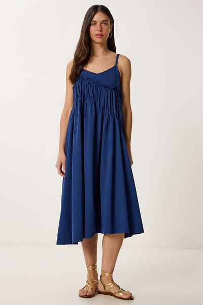 Lovelyİstanbul Summer Woven Dress with Strap Dark Blue Lrc0002
