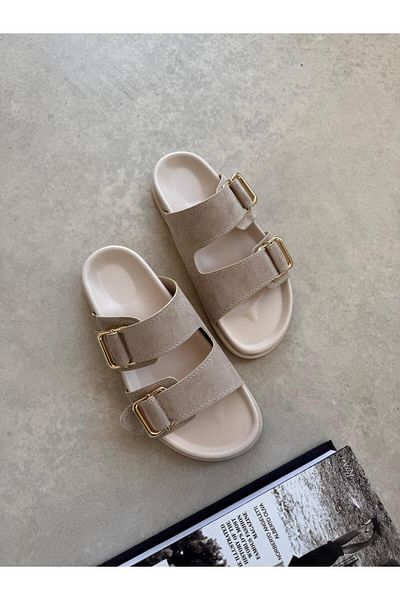 STRASWANS Axel Women's Buckle Detail Daily Comfort Suede Slippers Beige