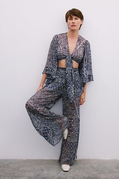 Rue Studio Patterned Wide Leg Navy Blue Trousers