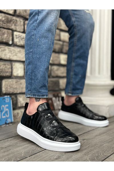EBRUS TREND Et0134 Thick High White Sole Patterned Cross Band Black Men's Shoes