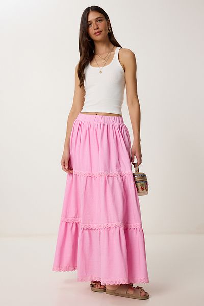 Lovelyİstanbul Fisto Embroidered Flounced Linen Skirt Pink Lrg0026