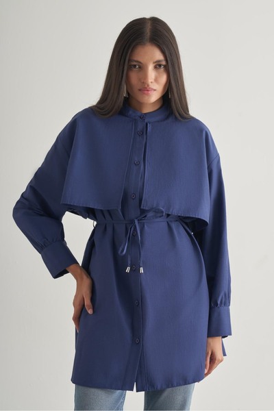 Mizalle Rüzgarlıklı Hakim Yaka Uzun Indigo Mavi Gömlek