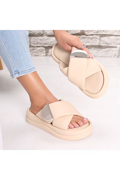 MODA STİL Papuci Dama Fara Toc Bej Din Piele Ecologica Leriva, 37