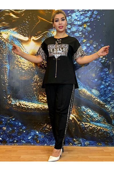 Yeşilmoda Suit,Blouse and Pants,Leopard Print,Pockets,Satin Details,Short Sleeves,Cotton Thread,Stone Embroidery