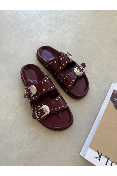 STRASWANS Gavi Women's Drop Detail Daily Comfort Leather Slippers Claret Red