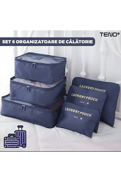 Teno Set 6 Organizatoare Teno®, pentru calatorie, inchidere cu fermoar dublu, albastru inchis