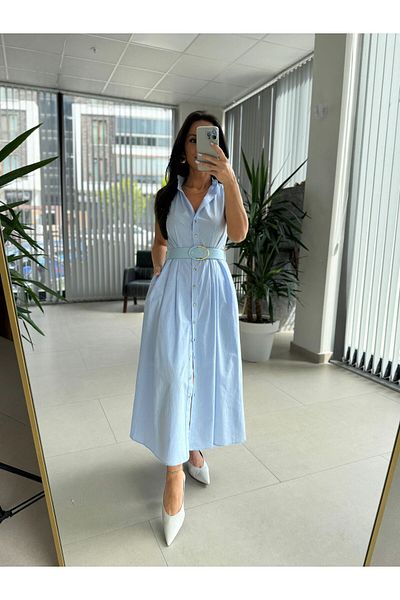 caddstore Το My 3747 Baby Blue φόρεμα με ζώνη με χρυσά κουμπιά