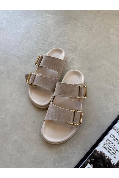 STRASWANS Axel Women's Buckle Detail Daily Comfort Suede Slippers Beige