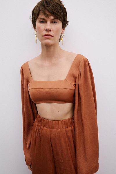 Rue Studio Μπλούζα με φαρδύ μανίκι Salmon Crop με δέσιμο στους ώμους