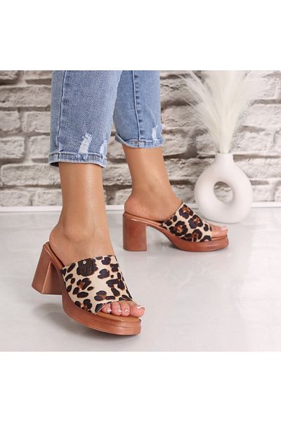 MODA STİL Papuci Dama Cu Toc Animal Print Din Piele Ecologica Intoarsa Anette, 40
