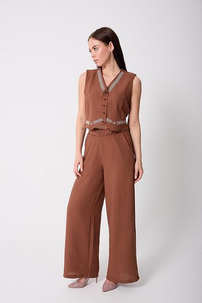 AMİDA Women's Brown Muslin Linen Embroidery Detailed Buttoned Vest - 2523