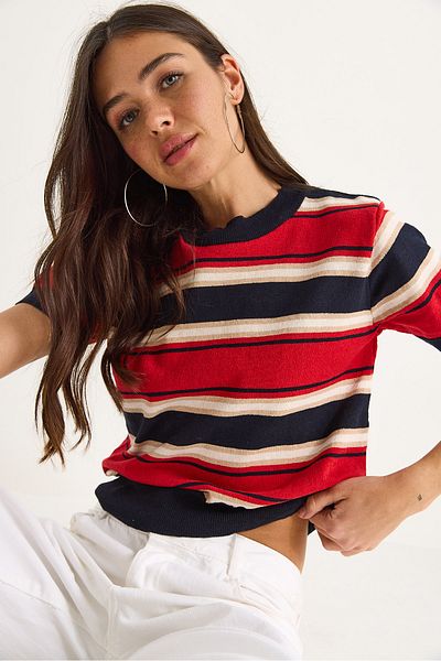 Bianco Lucci Women's Crew Neck Striped Knitted T-Shirt 20258001