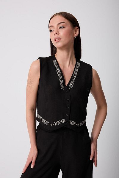 AMİDA Women's Black Muslin Linen Embroidery Detailed Buttoned Vest - 2523