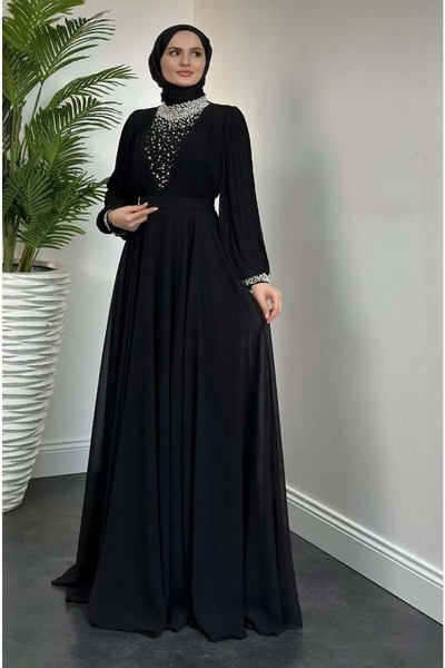 Tane 25Y4620 ELBİSE ABİYE ŞİFON KOLLARI PİLİSELİ YAKASI İNCİLİ SİYAH