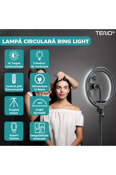 Teno Circular Ring Light Teno®, Diameter 30.5cm/12 Inch, remote control and tripod 210 cm, white