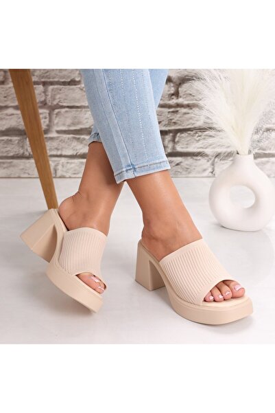 Botinelli Women's Beige Heeled Slippers Made of Jexa Textile, 37