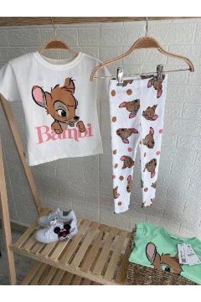 Kidmark Çocuk Modası Girls' 100% Cotton Double Suit with Bambi Printed Leggings