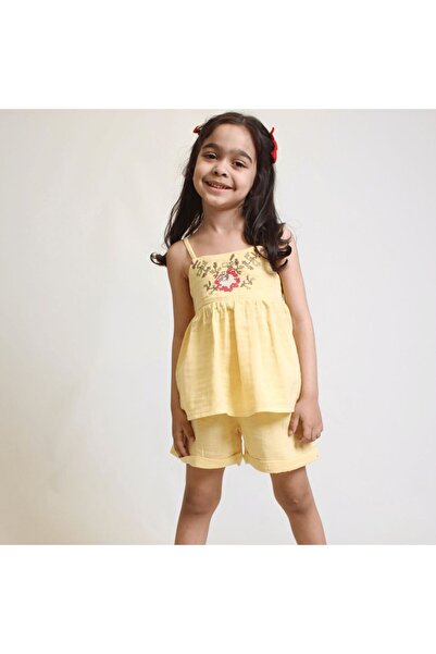 OZZY KİDS Girl's Shorts Set – Cross Stitch Embroidered Muslin Fabric
