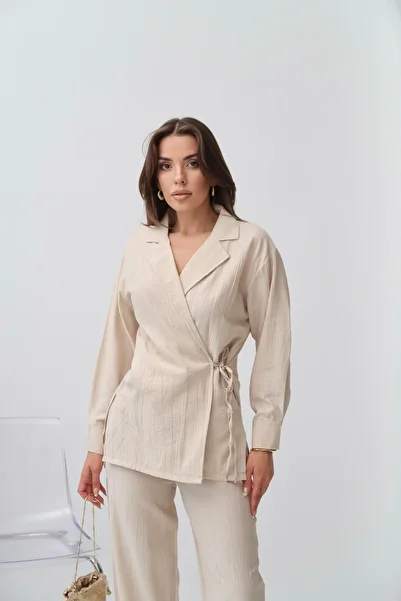 Paw Garage Women's Zarae Double Breasted Collar Side Tie Suit, Summer Shirt-Pants Set