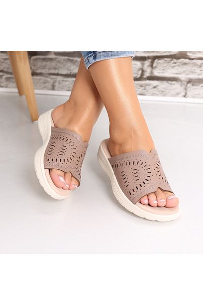 MODA STİL Papuci dama fara toc Camel din Piele Ecologica Arnetta, 40