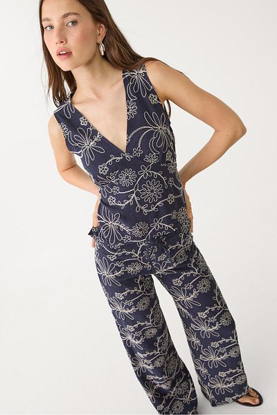 Stradivarius Linen blend embroidered straight-leg trousers