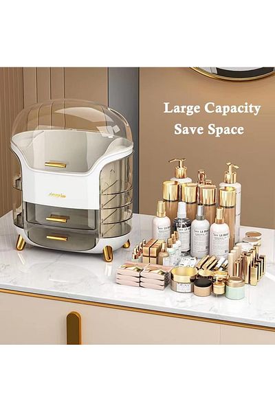 Toy Box Treasures Makeup Organizer and Storage, Cosmetics Organizer Box for Countertop with Lid & Drawers, Cosmetics S