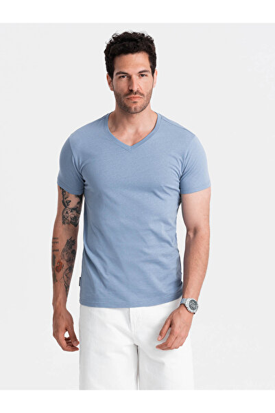 OMBRE Pánské klasické bavlněné tričko BASIC s volánovým výstřihem - modré V20 OM-TSBS-0145 4XL