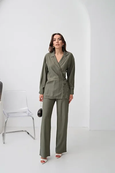 Paw Garage Women's Zarae Double Breasted Collar Side Tie Suit, Summer Shirt-Pants Set