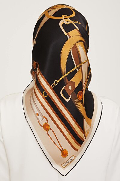 Armine Nostalji Serisi Ipek Sura Eşarp 9046ds-08 Geometrik Desen Bej-siyah