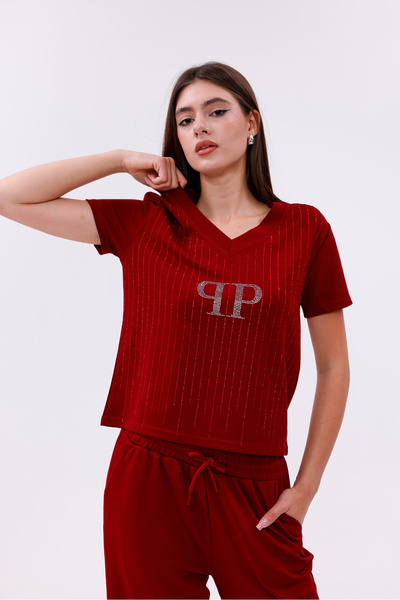 VeraBella Women's Stoned Modal Fabric Basic Short Sleeve Tracksuit Set