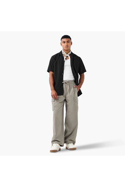 FAV Regular Fit Dobby Textured Shirt with Camp Collar and Short Sleeves