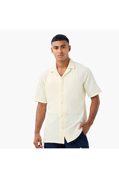 FAV Regular Fit Waffle Textured Shirt with Camp Collar and Short Sleeves