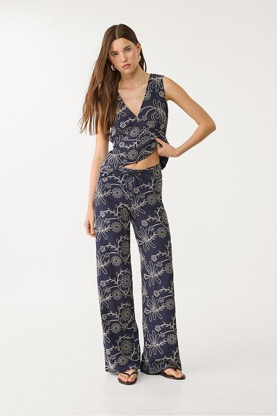 Stradivarius Linen blend embroidered straight-leg trousers