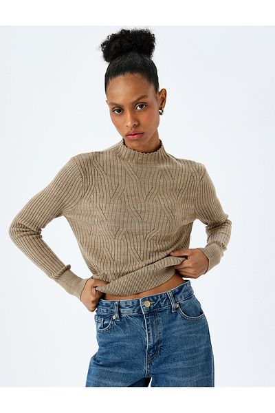 Koton Stand Collar Long Sleeve Openwork Knitwear Sweater